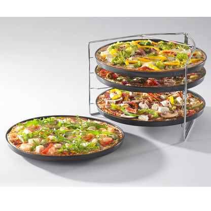 Grizzly Pizza Baking Set, 5-Piece Set, with Lockable Stand and 4X Pizza Tray Round 28 cm, Pizza Rack for Oven, Bake 4 Pizzas at The Same time