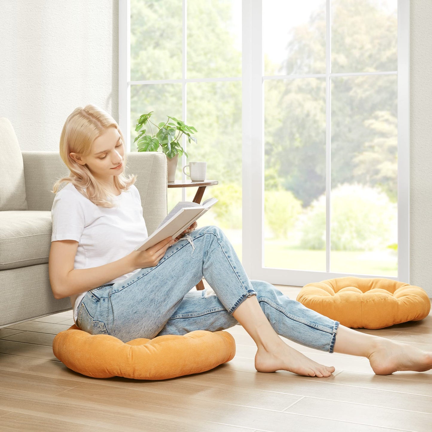 Floor Cushion Pillow Set of 2, Round Large Pillows Seating for Adults, Tufted Corduroy Cushions for Living Room Tatami, Orange Yellow, 22 Inch