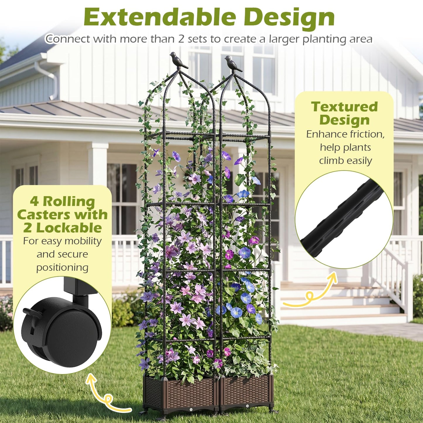 HAPPYGRILL Raised Garden Bed with Trellis, Self-Watering Tomato Cages, 83” 67” 51” Adjustable Height, Indoor Outdoor Obelisk Planter Box w/Trellis & Wheels for Climbing Plants Vines Fruits (2)