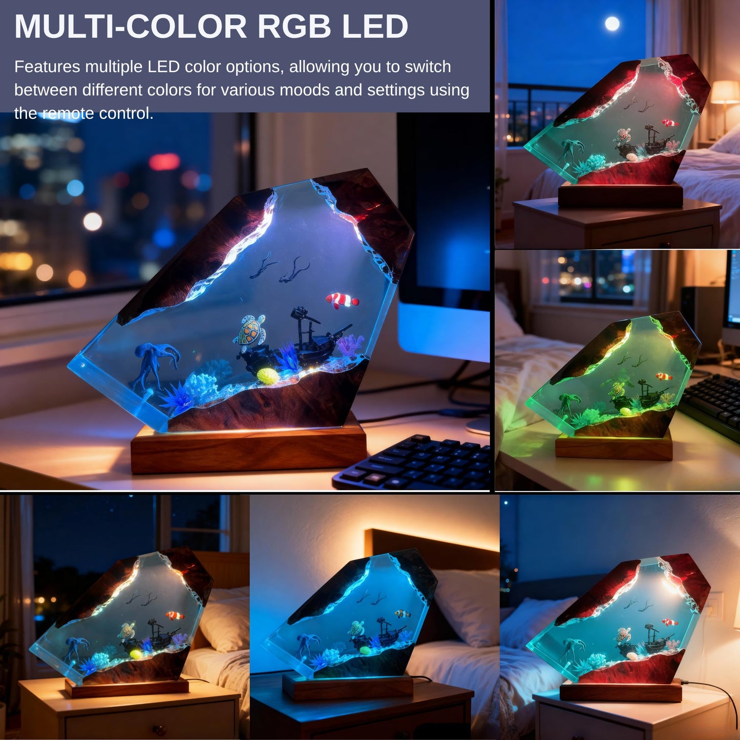 Ocean Resin Lamp – Marine Life Night Light with 16 Color LED, USB Powered Whale Shark & Turtle Desk Lamp with Wooden Base & Remote,Handmade Gift for Christmas, New Year