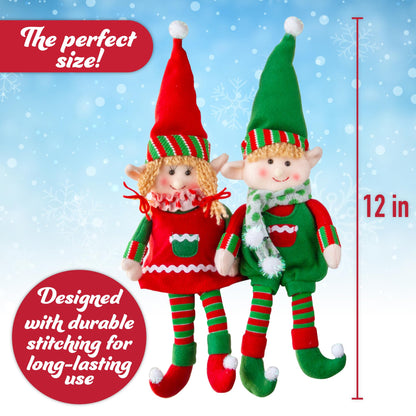 Elf Plush Christmas Stuffed Dolls, Set of 2-12" Boy and Girl Elves Holiday Cute Plush Shelf Toys - Fun Kids Buddy Figurine Decorations, Christmas Winter Holiday Party Festive Decor and Gift Exchange
