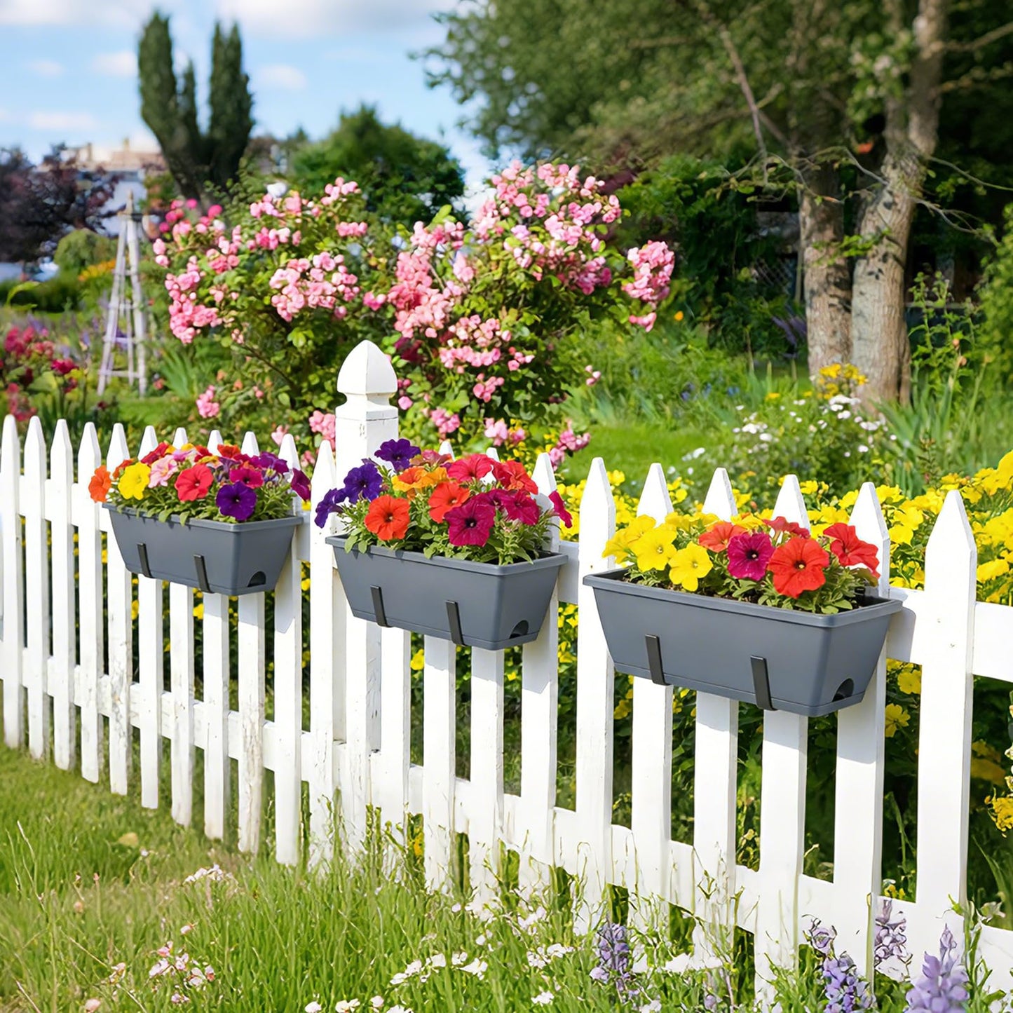 OYEAL Deck Railing Planter Box 4 Pack Window Boxes Planters with Adjustable Brackets, 17 Inch Hanging Flower Pots for Plants for Front Porch, Garden Fence, Apartment Patio Balcony Decor, Grey