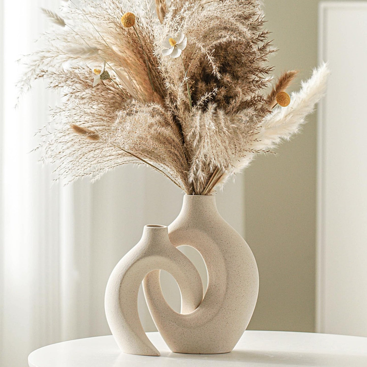 Levvohd Hollow Ceramic Vase Set of 2, Modern Nordic Minimalist Book Style Boho Aesthetic Vases for Home Decor Living Room Shelf Entryway Coffee Centerpiece Table Decorative (Cream White)