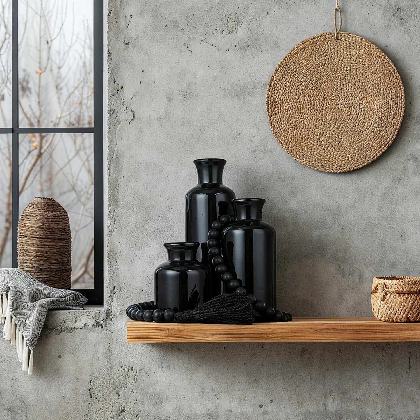 Tiangrid 5 Pcs Rustic Tabletop Centerpieces Decor Set of 3 Boho Ceramic Vases with Wooden Serving Tray Wood Bead Garland Tassels Table Holder for Home Decorations (Black)