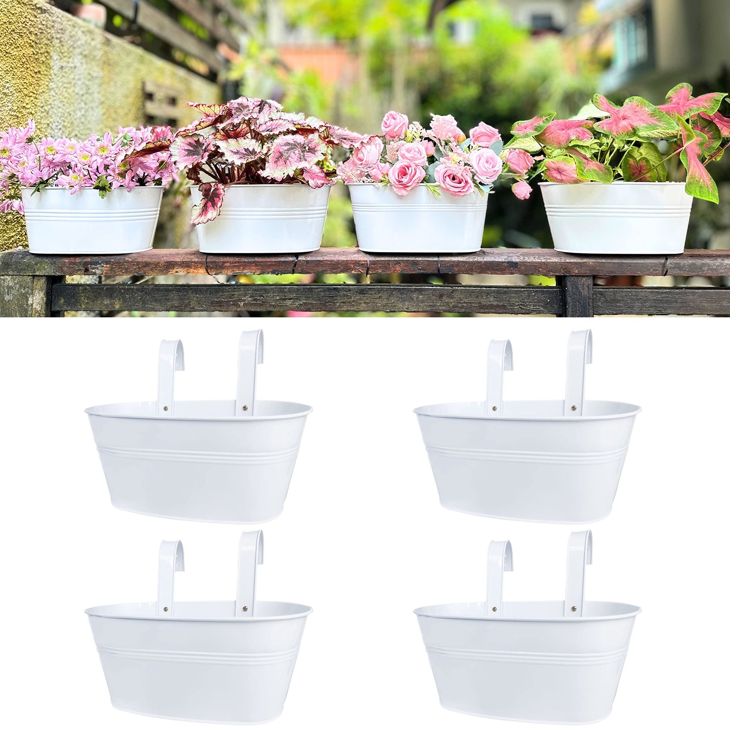 LaLaGreen Outdoor Rail Planter (4 Pack, 11.8 Inch) Metal Iron Hanging Flower Pots Deck Railings Fence Buckets Modern Countryside Boho Style White Wall Mount Window Box Plant Holder Hooks Porch Decor