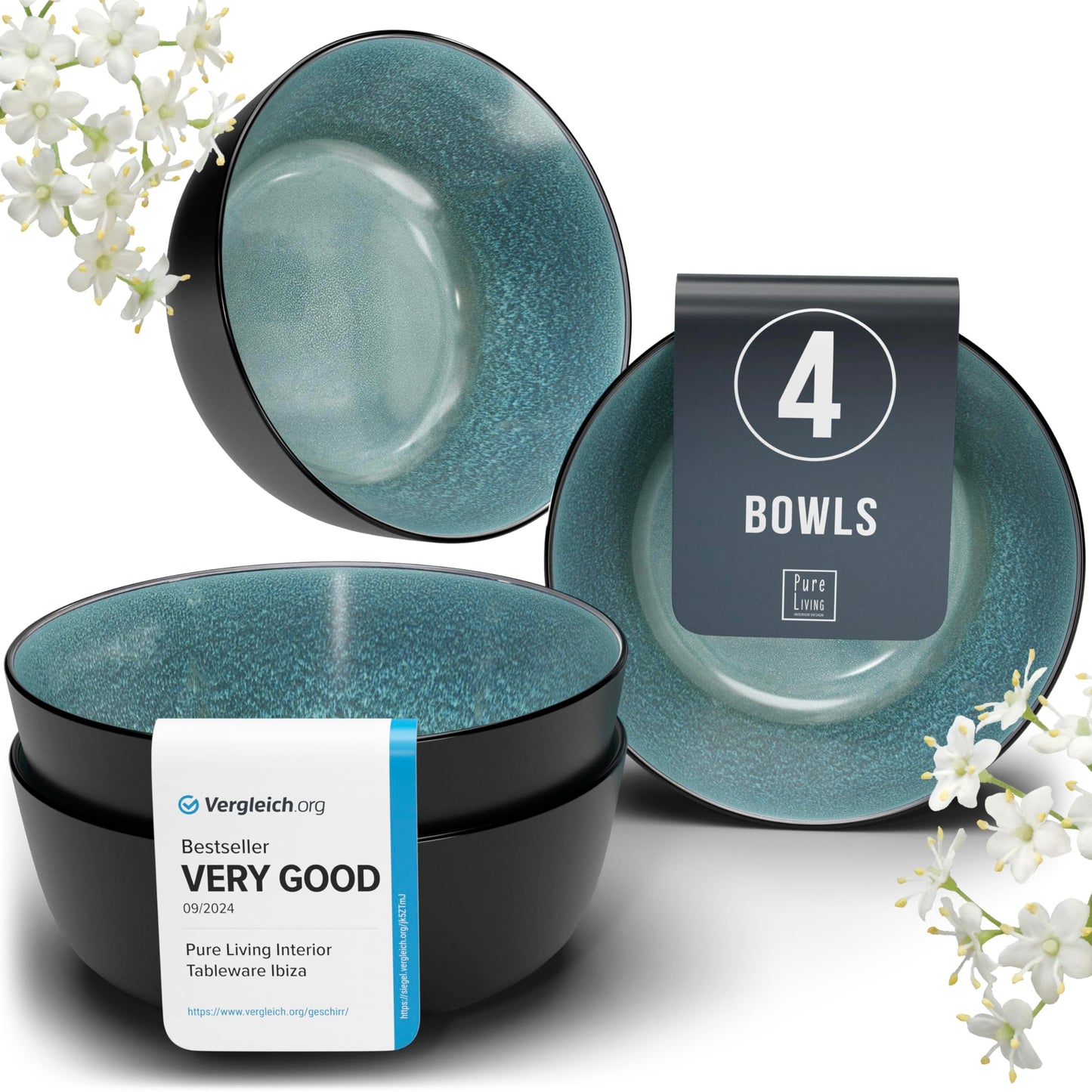 Stoneware large soup bowls set 4 pcs – 27 oz dark petrol blue pasta & cereal bowls 5.5" – Dishwasher and microwave safe – Modern kitchen bowl set – Dinner service Pure Living
