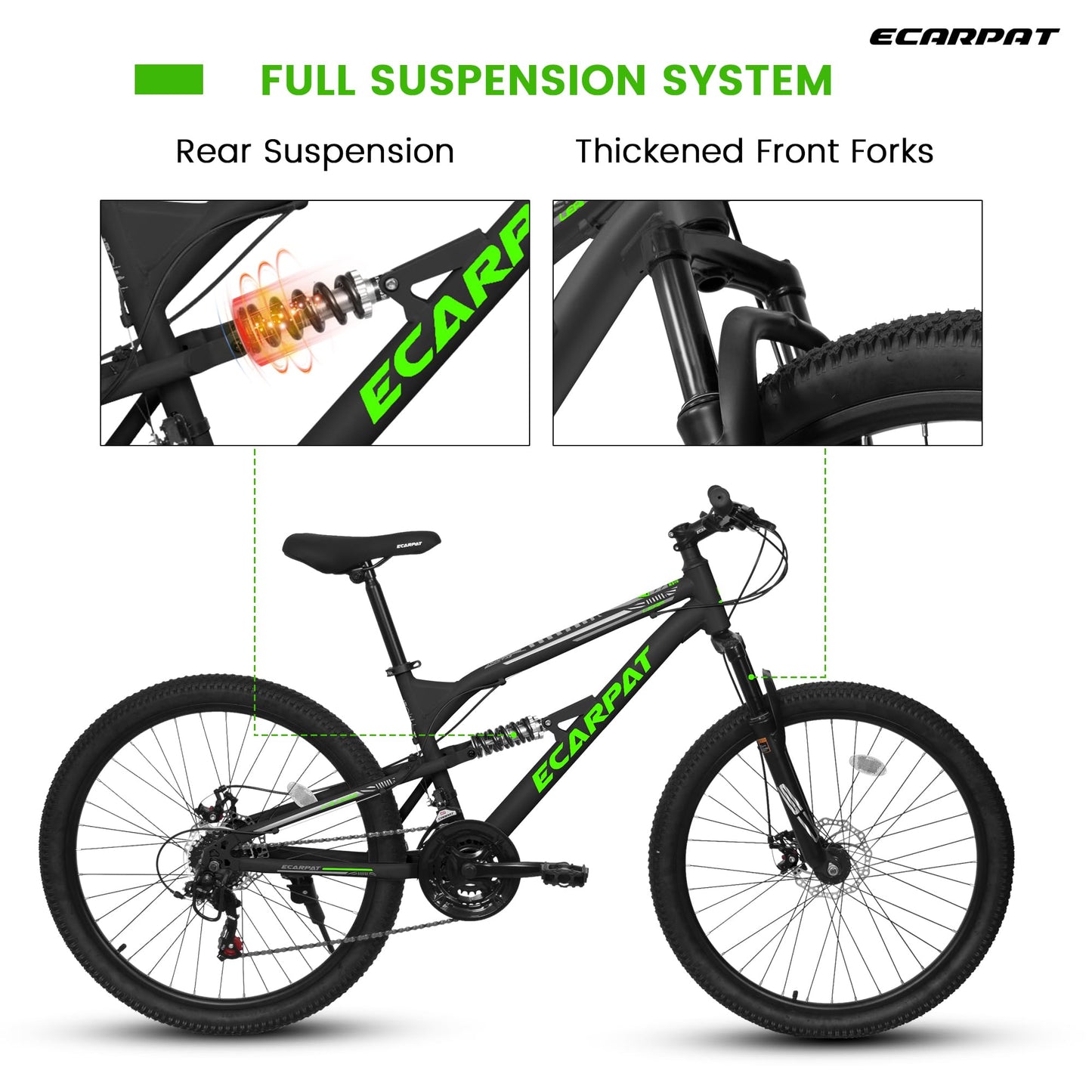 26 Inch Mountain Bike, 21-Speed Mountain Bicycle with Full Suspension and Dual Disc Brakes Thumb Shifter, High Carbon Steel Frame MTB Bike for Teenagers Adult Men Women Trail Commuter, Black-Green