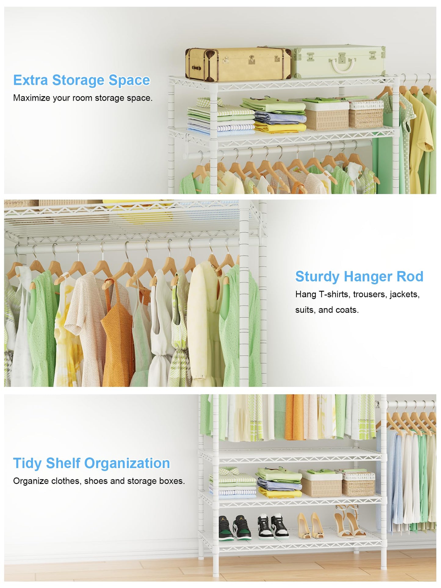 Ulif E11 Heavy-Duty Garment Rack, Metal Freestanding Clothes Rack and Closet Storage Organizer with 8 Shelves and 4 Hanger Rods, (73.2-97.6)" W x 14.5" D x 71.2" H, Load 1034 LBS, White