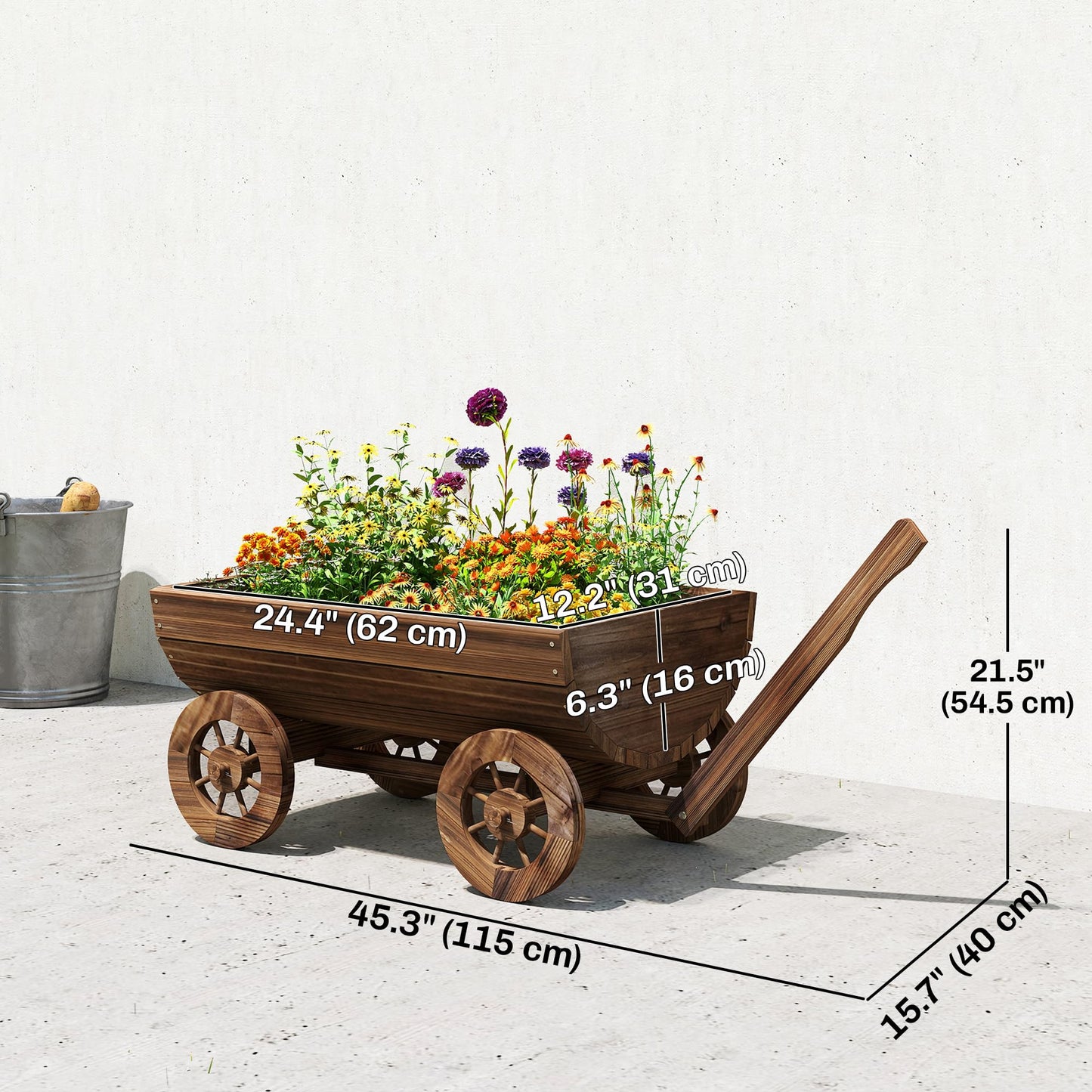 Outsunny Wooden Wagon Planter Box, Mobile Garden Planter with 4 Wheels and Handle, Small Wheelbarrow Wagon Flower Cart with Drainage Hole for Outdoor Patio, Garden, Balcony