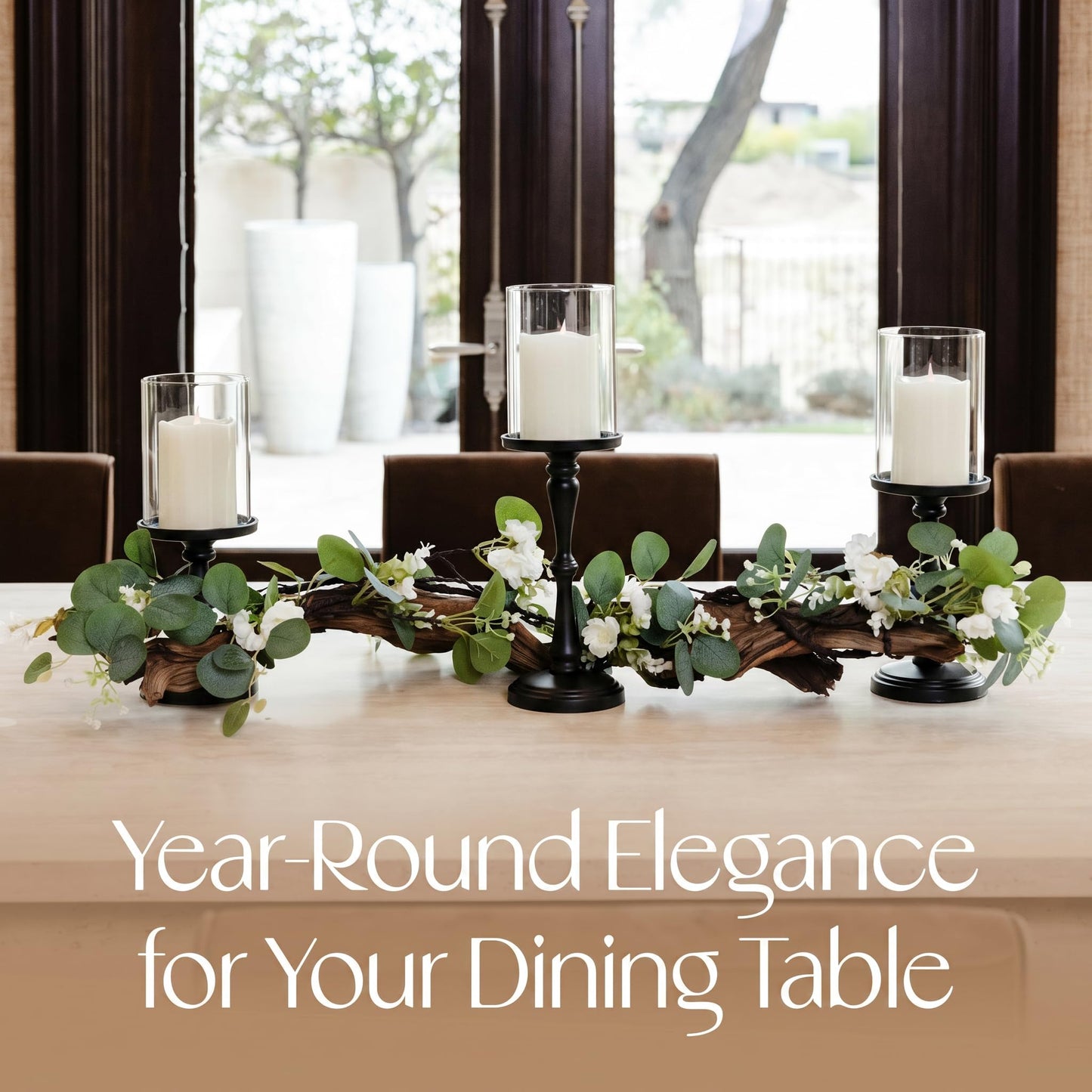 Eucalyptus Table Centerpiece with Candle Holders, Farmhouse Greenery Decor Black