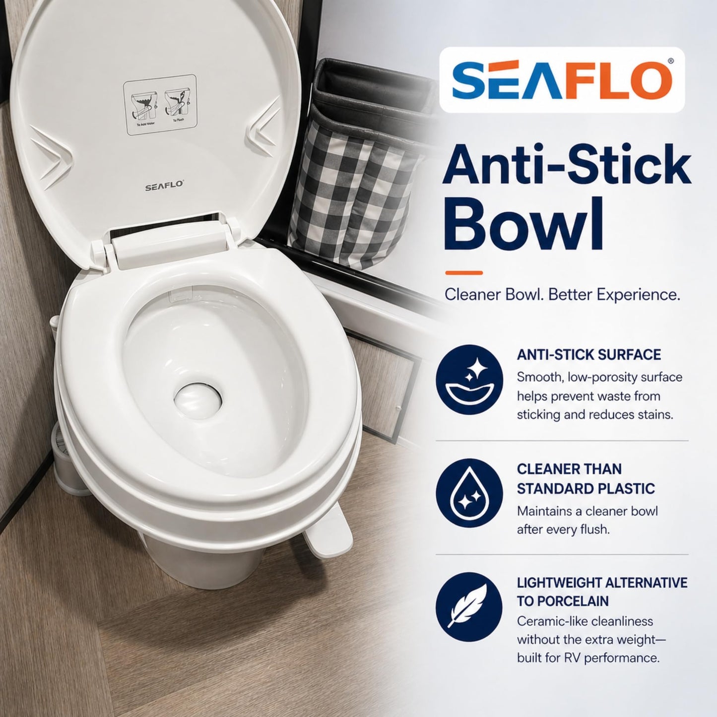 SEAFLO RV Toilet, Residential Height 18.4", Gravity Flush Foot Pedal, Soft Close Seat, Camper Toilet for RV Motorhome Travel Trailer, White, SFRTPH-01-01, 4-Year Warranty