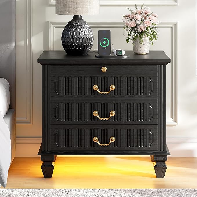 25.6'' Wide Bedside Table with 3 Drawers & Pull-out Tray, Smart Night Stand