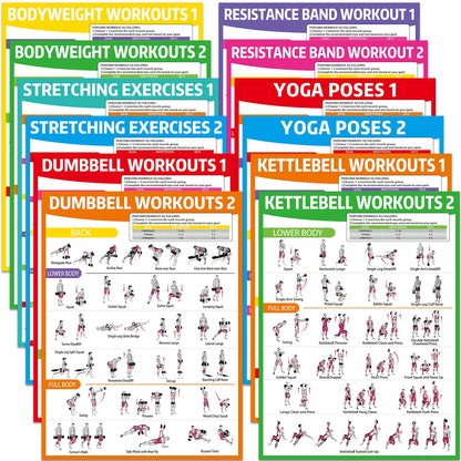 gisgfim 12PCS Workout Posters for Home Gym Dumbbells, Bodyweight, Stretching, Resistance Bands, Yoga, Kettlebells Exercise Chart Full Body Workout Poster Set Muscle Engagement Chart Garage Gym Decor