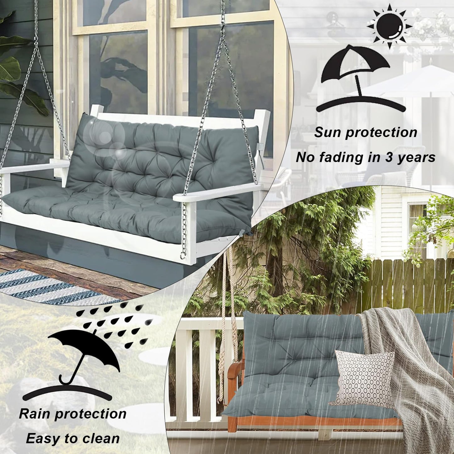 Outdoor Swing Cushions, 63inch Waterproof Three Seat Swing Replacement Cushions with Backrest and Ties, 4" Thicken Outdoor Porch Swing Cushions for Patio, Lawn and Garden (Light Gray, 40×63in)