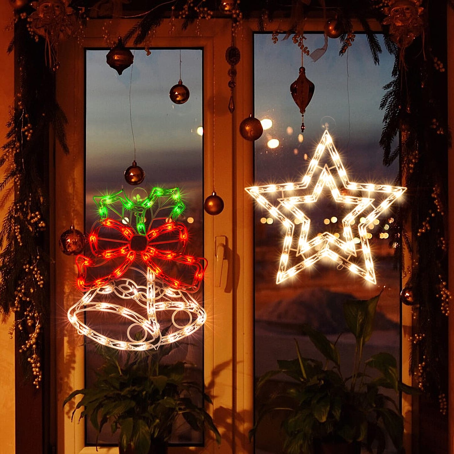 Xmasnova 2 Pack Christmas Window Lighted Decorations,Christmas Window Silhouette Lights,Double Side Sign Lamp Decoration for Holiday Indoor Wall Door Glass Decor,Beel，Star
