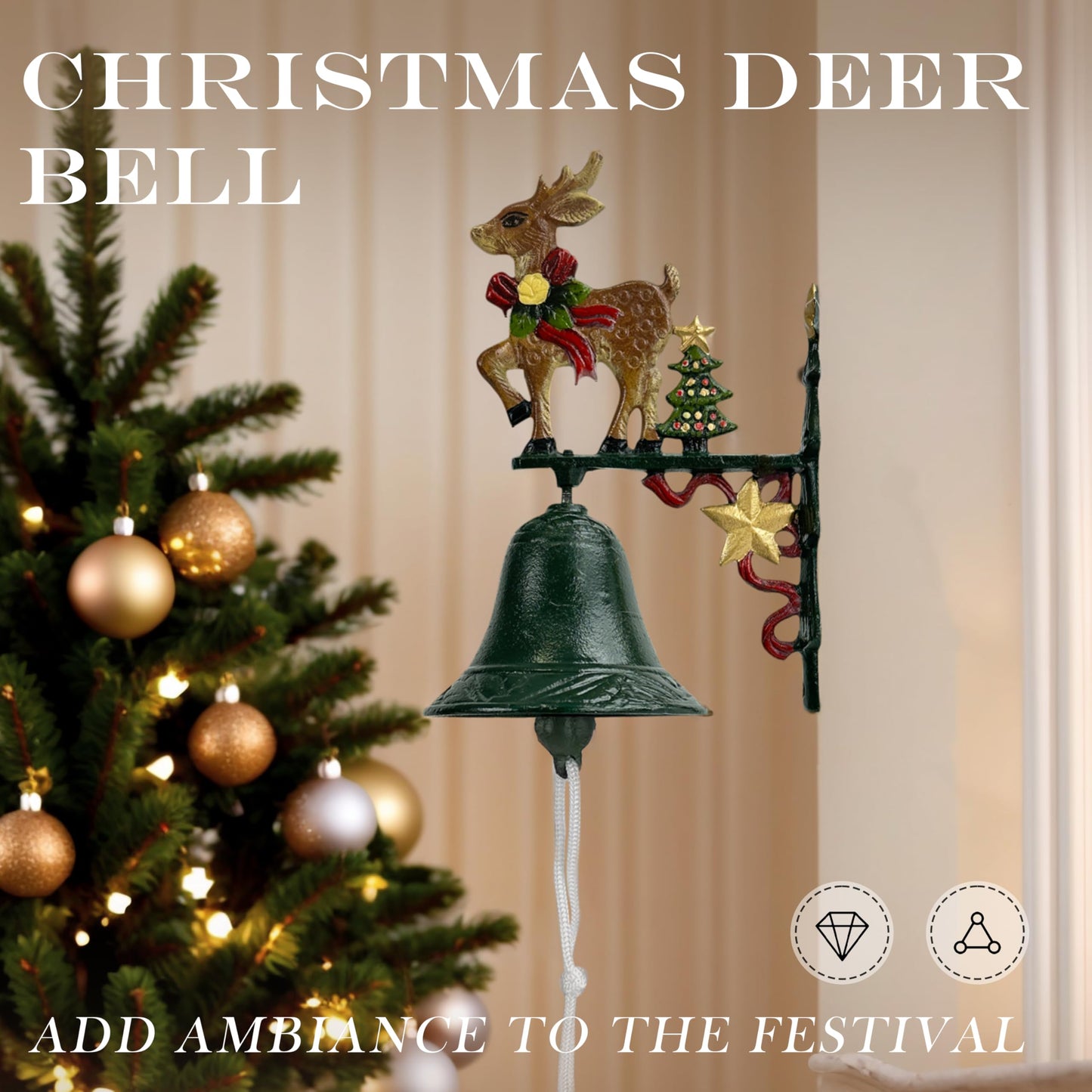 Christmas Bells for Decoration, Linton Arts Cast Iron Dinner Bell Outdoor – Hand-Painted Reindeer Antique Bells, Rustic Christmas Decorations Dinner Bell with Bracket for Porch, Garden, Patio