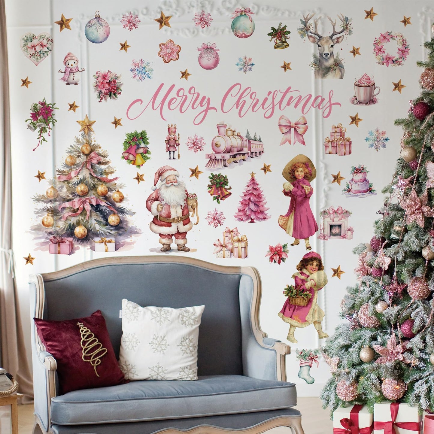 Pink Christmas Wall Decal Merry Christmas Wall Sticker Removable Christmas Tree Santa Girl Wall Decals Decor for Winter Christmas Holiday Party Supplies Home Window Decor