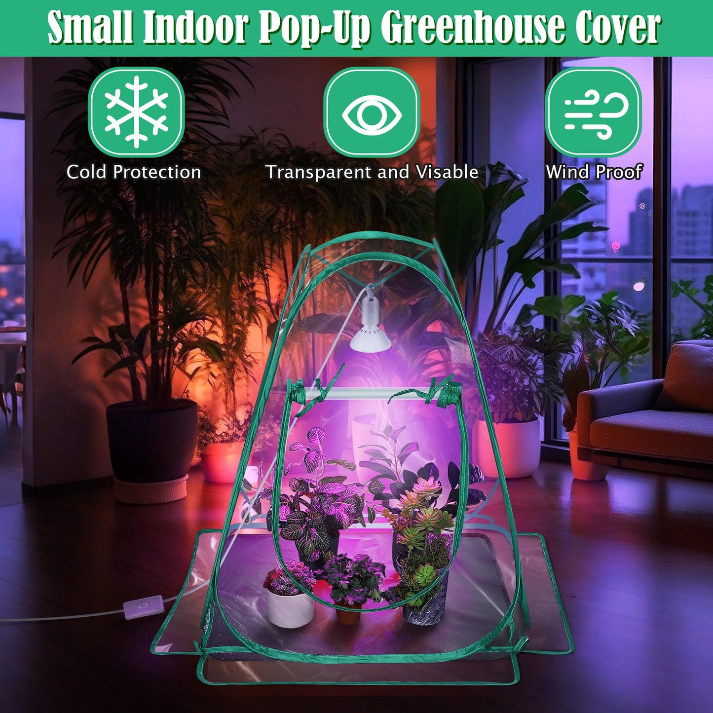 Meonum 1 Pack Mini Greenhouse with 10W 200 LED Grow Light Bulbs for Indoor, 27" x 27" x 30" Pop Up Small Greenhouse Cover with Bottom Waterproof Bottom Mat for Indoor Outdoor Plants Seed Starting