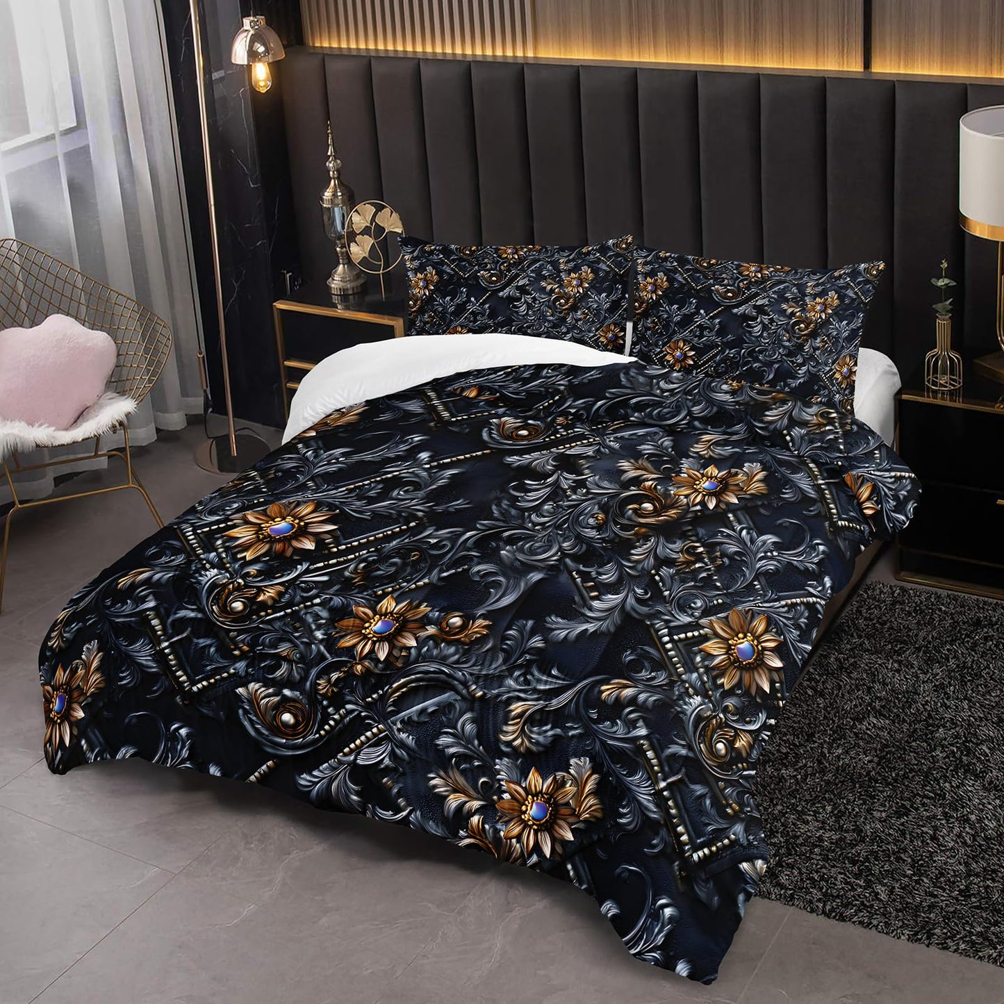 lneffble Black and Gold Floral Comforter Full Set，Victorian Gothic Bedding Set Full，with 1 Comforter with 2 Pillow Case，Floral Bedroom Decor Black