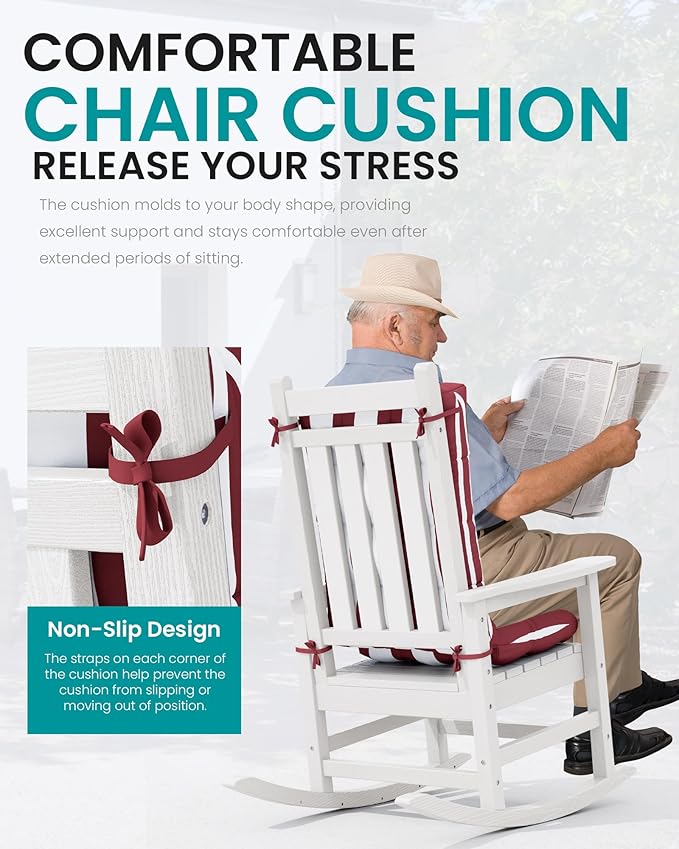SERWALL HDPE Outdoor Rocking Chair Cushion Set of 2, Memory Foam Cushion Red White