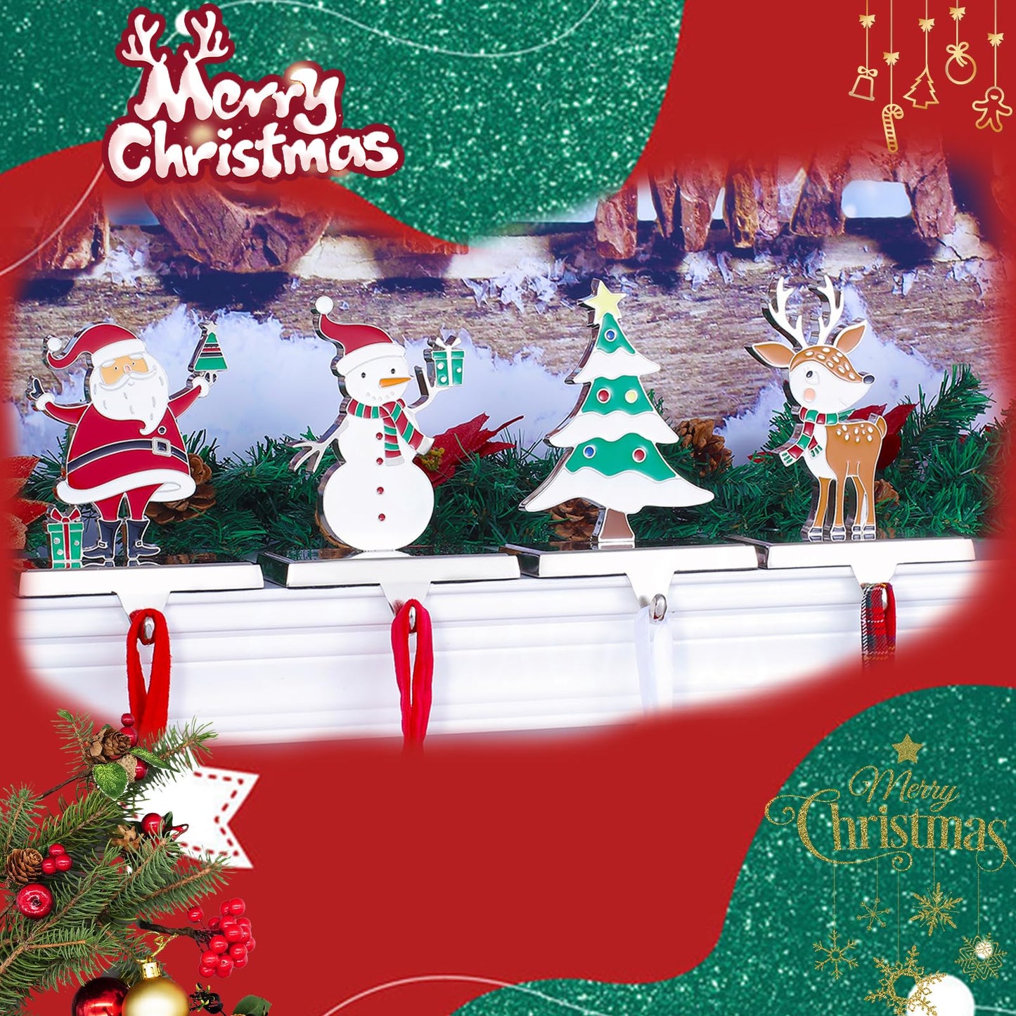 Baseo Christmas Stocking Holders Set of 4 Metal Christmas Stocking Holders for Fireplace-Xmas Deer Snowman Tree Santa Christmas Stocking Holder for Mantle-Stocking Hangers for Fireplace Topper