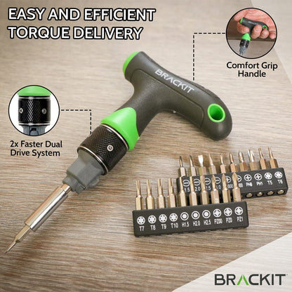 Brackit Dual Drive Ratchet T Handle Screwdriver and Bit Set – 22 Piece Precision Kit – 2 x Faster Than Regular Ones – Perfect Tool for Intricate Jobs