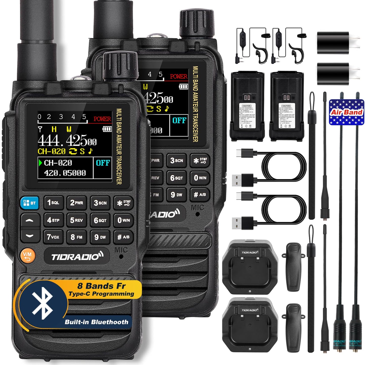 TIDRADIO TD-H3 GMRS Radio Handheld,Type C & Wireless Programming 8-Band Long Range Walkie Walkies Rechargeable Portable Two Way Radios Air Band, Frequency Match, DTMF Lock, NOAA FM AM- Full Kit 2Pack