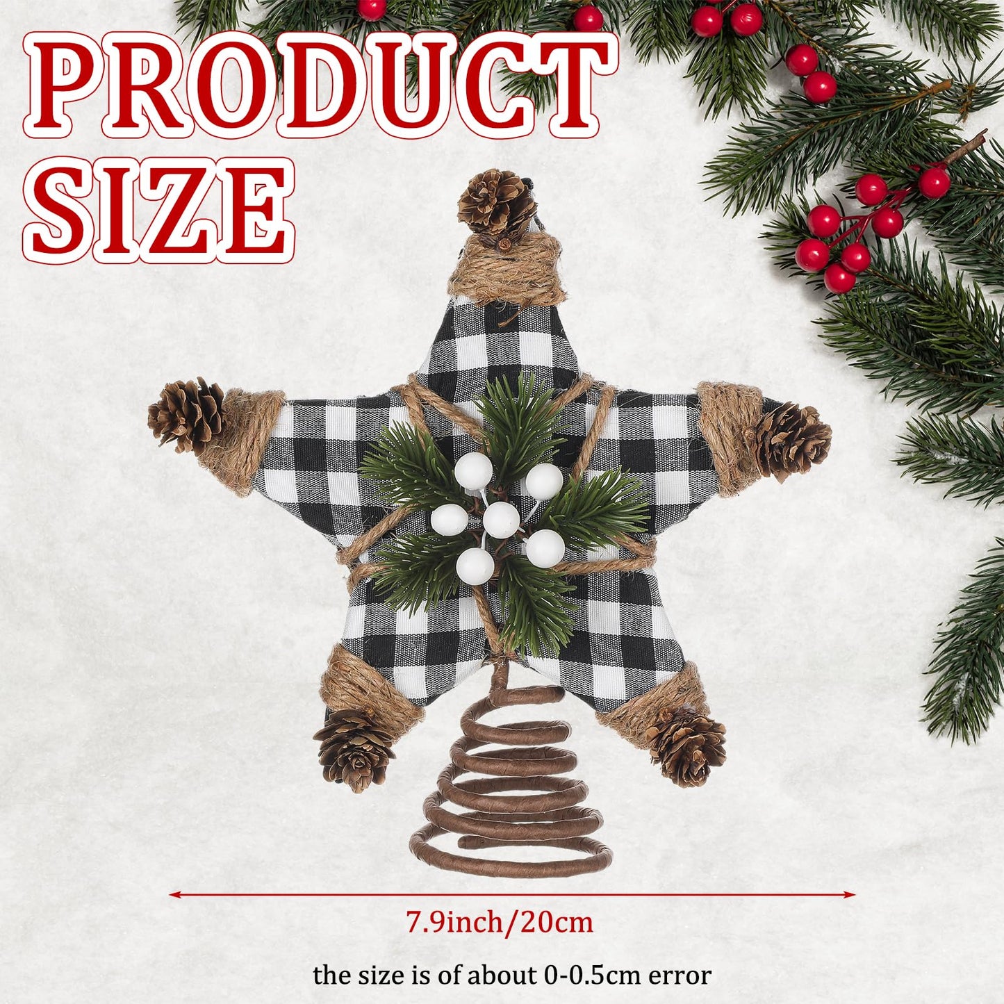 Lenwen Christmas Tree Topper Star 7.9 Inch Buffalo Plaid Star Topper Rustic Christmas Tree Ornaments Decoratione for Home Office Xmas New Year Holiday Decoration