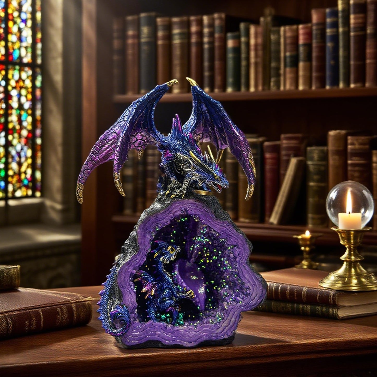 Nature's Mark 9.84-Inch Purple Dragon on Geode Figurine - Metallic Iridescent Guardian Dragon with Baby Hatchling in Crystal Cave - Fantasy Mythical Decor Statue for Home or Office