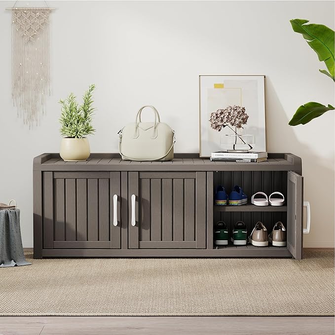 2-Tier Storage Bench, Waterproof UV-Resistant Outdoor Shoe Storage Cabinet with 3 Doors & Adjustable Shelves for Indoor Outdoor Entryway, Hallway, Living Room (Grey)