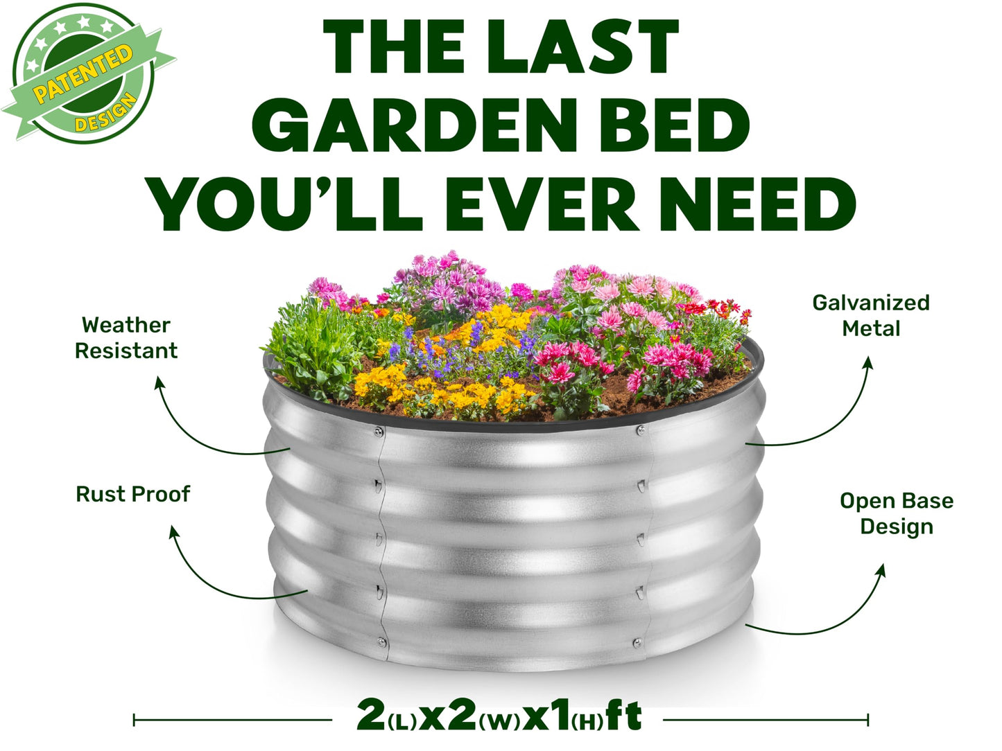 Round Galvanized Raised Garden Bed // 2×2×1 ft Galvanized Raised Garden Beds Outdoor for Gardening, Vegetables, Flowers // Patented Tool-Free Design Round Planter (Silver)