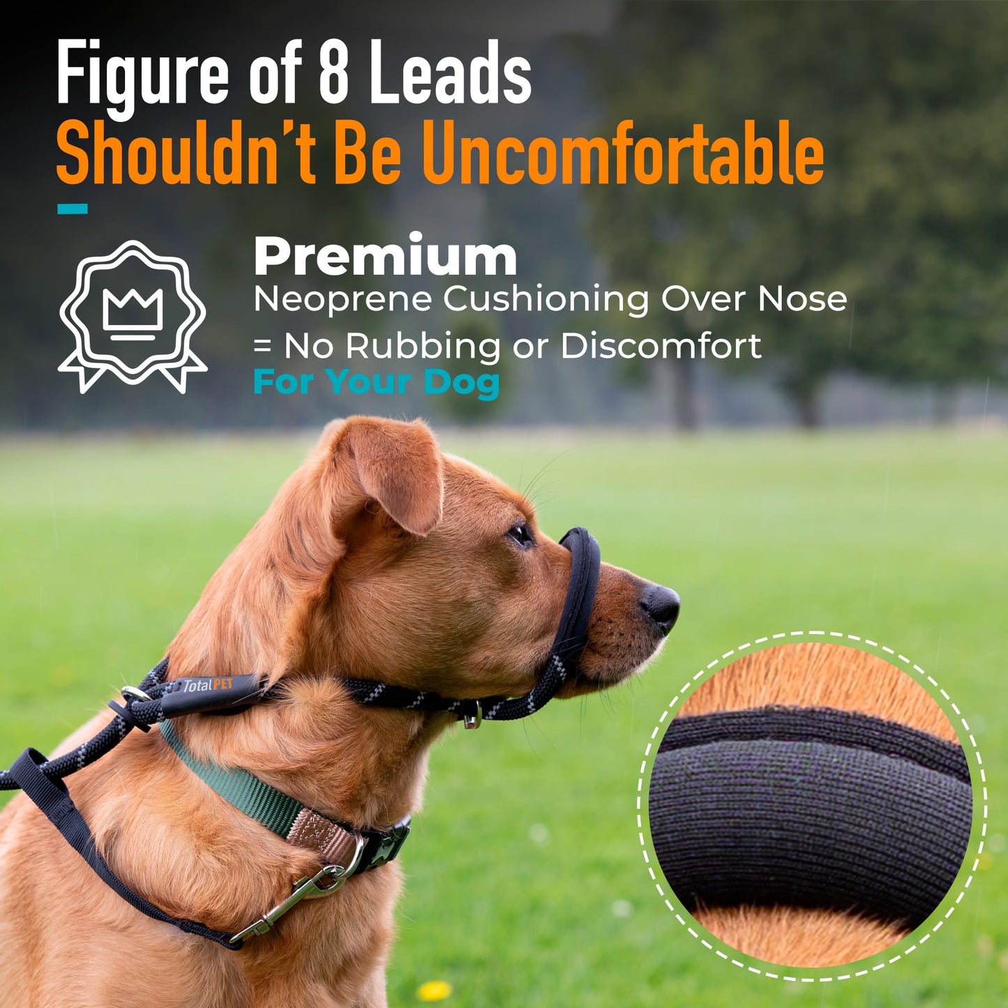 Total Pet Figure of 8 Dog Lead - Anti Pull Stop Dogs Pulling - Rope Slip Leads with Padded Nose Support (Medium/Large) Black
