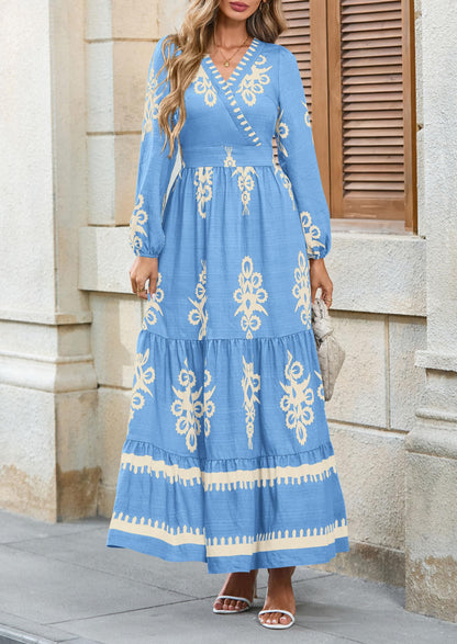 PRETTYGARDEN Women's 2025 Fall Wedding Guest Dresses Boho Floral Long Sleeve V Neck Flowy Elegant Maxi Dress Beach Clothes