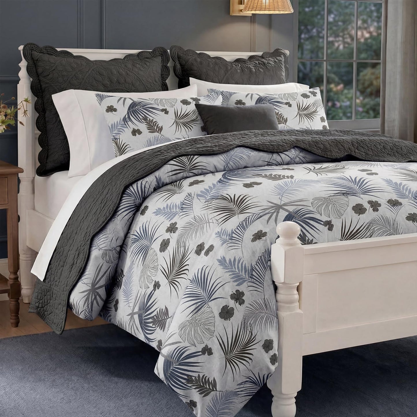 Bedorm 100% Cotton Duvet Cover Set King Vintage Floral Bedding Set Gray Blue Palm Tree Leaf Botanical Print Soft & Durable Duvet Cover with Zipper Closure
