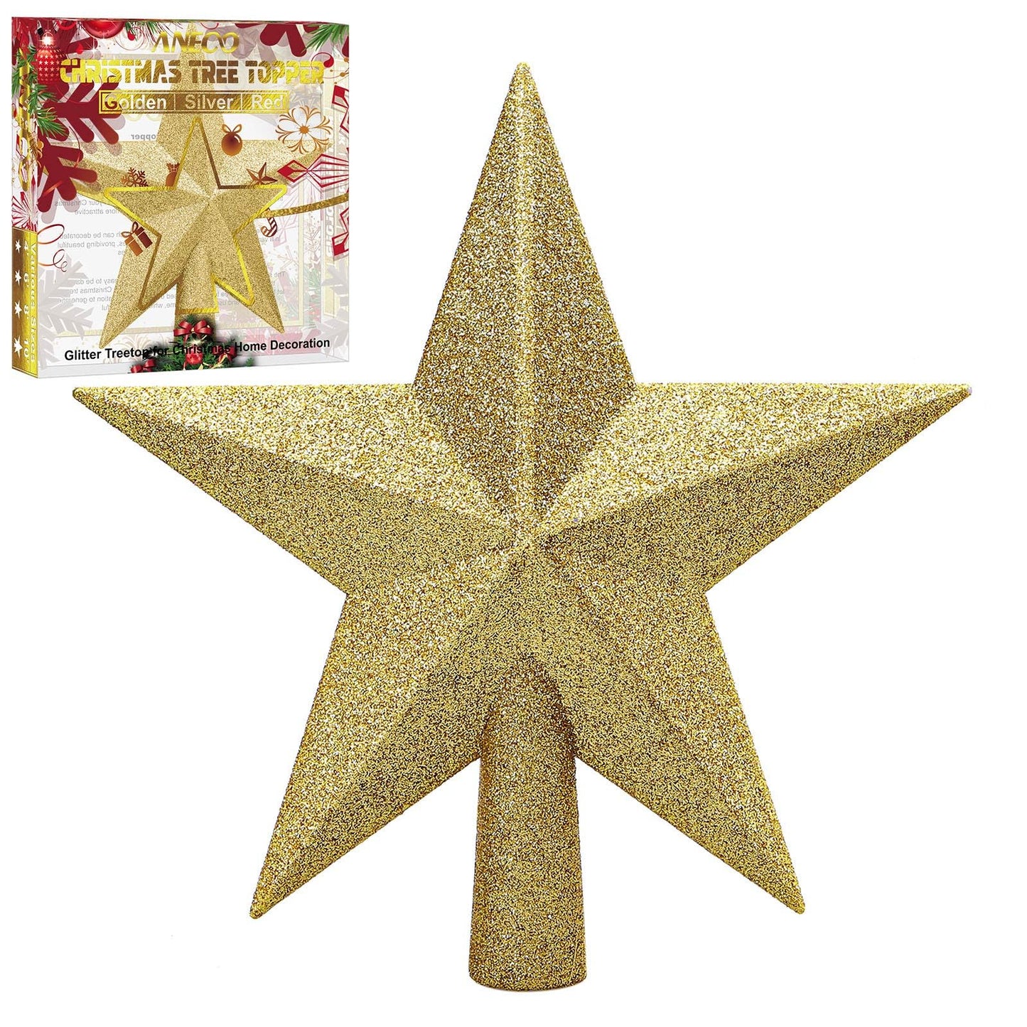 Aneco Gold Glitter Mini Christmas Tree Topper Shatter-Proof 6 Inch Christmas Tree Decoration Treetop for Holiday Ornament or Home Decor