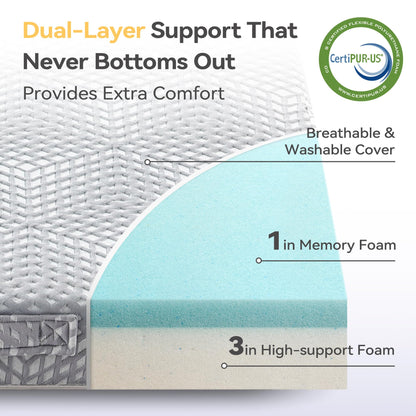 BDEUS Memory Foam Folding Topper 3.95 Inch Small Queen Size with Protable Storage Bag, Trifold Topper Soft Guest Mat Floor Mat for Kids Camping Road Trip, Gray, 58 x 78 Inch