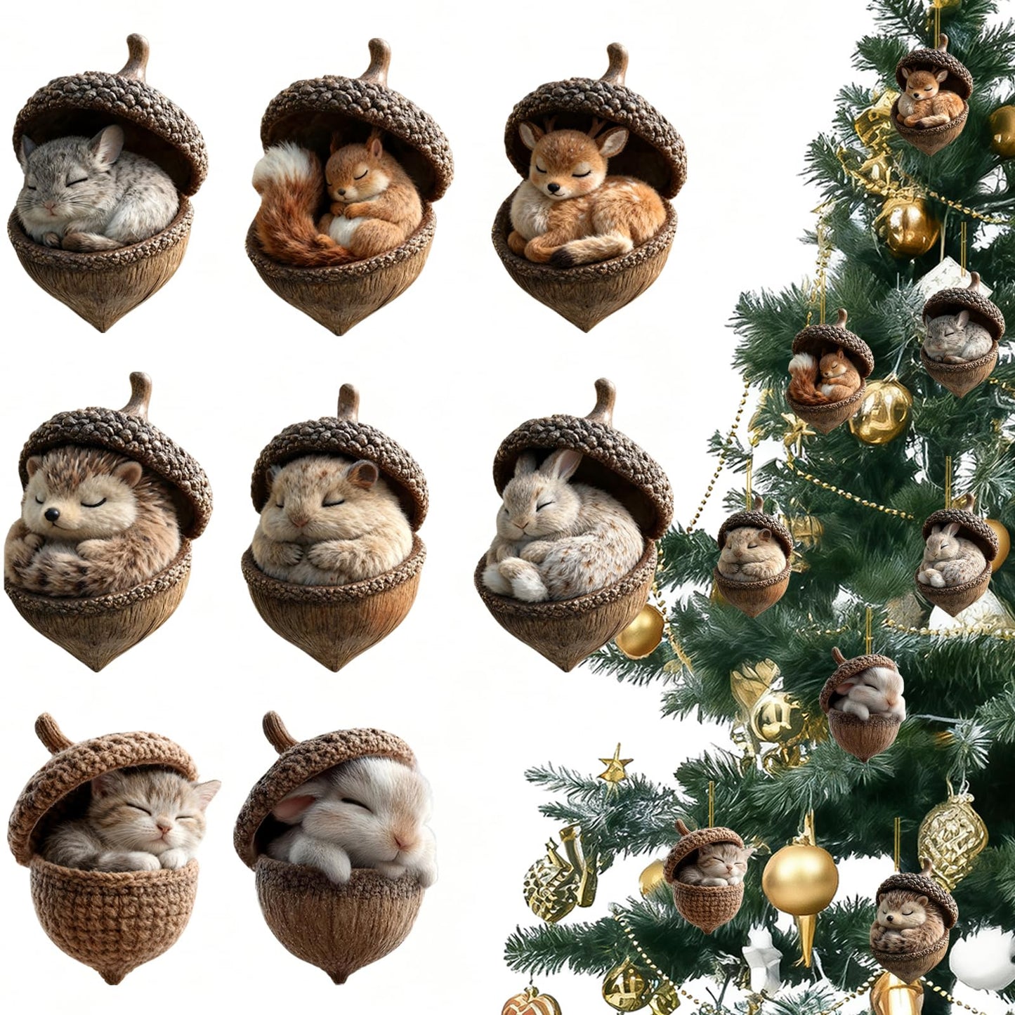 Christmas Tree Decoration,8Pcs Cute Animals Christmas Tree Acrylic Pendant, Fun Pinecone Xmas Hat Xmas Tree Accessories Christmas Pendants Hanging, Cat Hedgehog Penguin Christmas Ornament