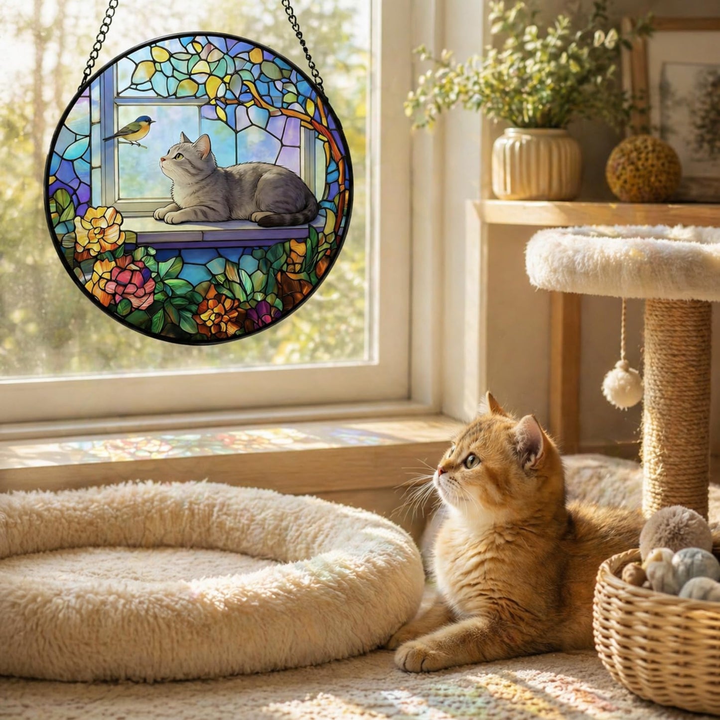 Stained Glass Window Hanging Gray Cat & Bird Design, Suncatcher for Window, for Cat Lovers & Stained Glass and Christmas, Mother's Day Father's Day Birthday