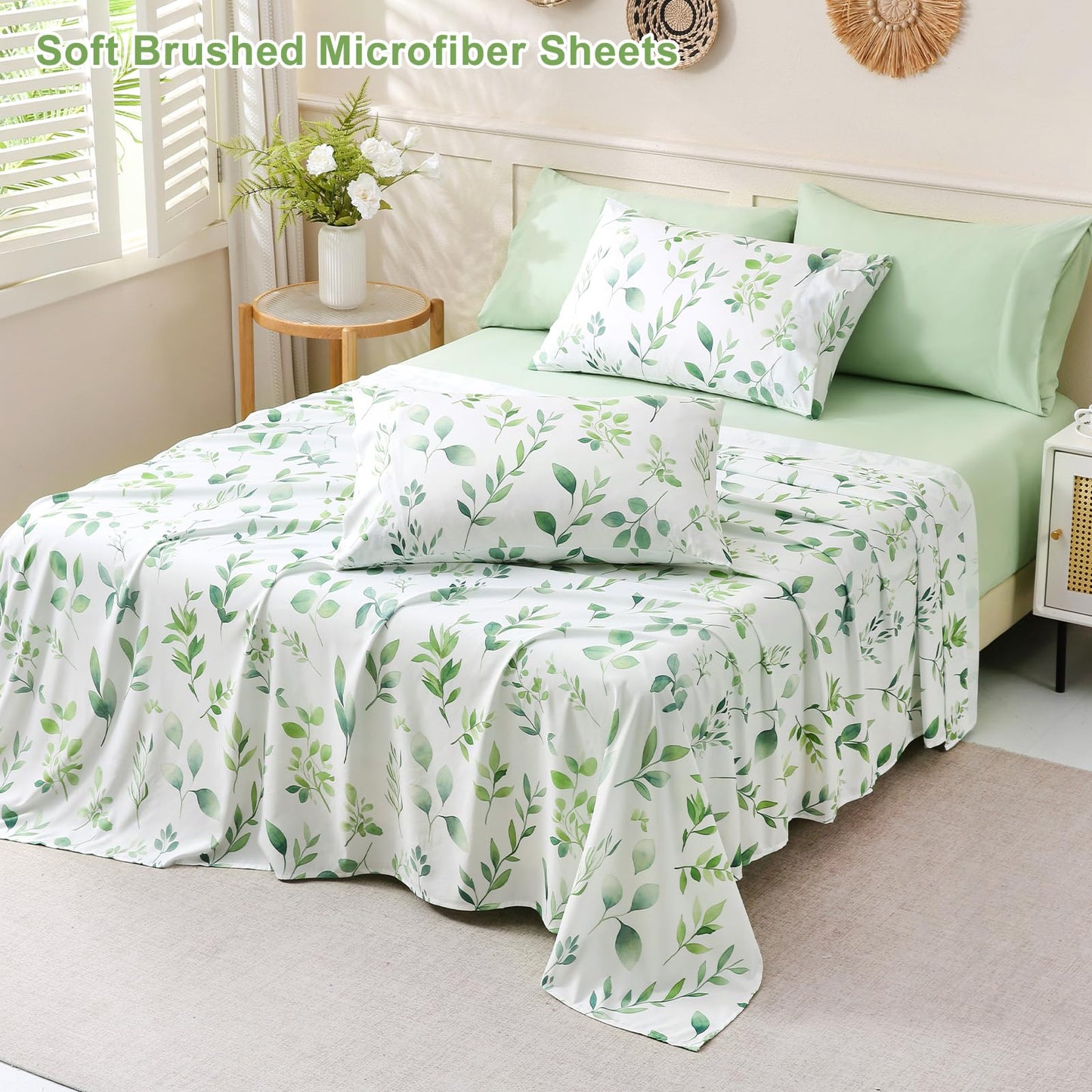 Botanical 6-Piece Queen Bed Sheets Set, Boho Floral Print Brushed Microfiber Sheets, Cooling Bed Sheet Set, Ultra Soft & Breathable, 16' Deep Pocket Fitted Sheet & Pillowcase Set, Sage Green Leaves