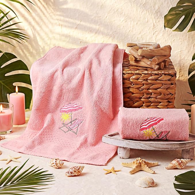 2 Pcs Beach Chair Hand Towels Pink Bathroom Decor 14x29 Inch Embroidered 100%
