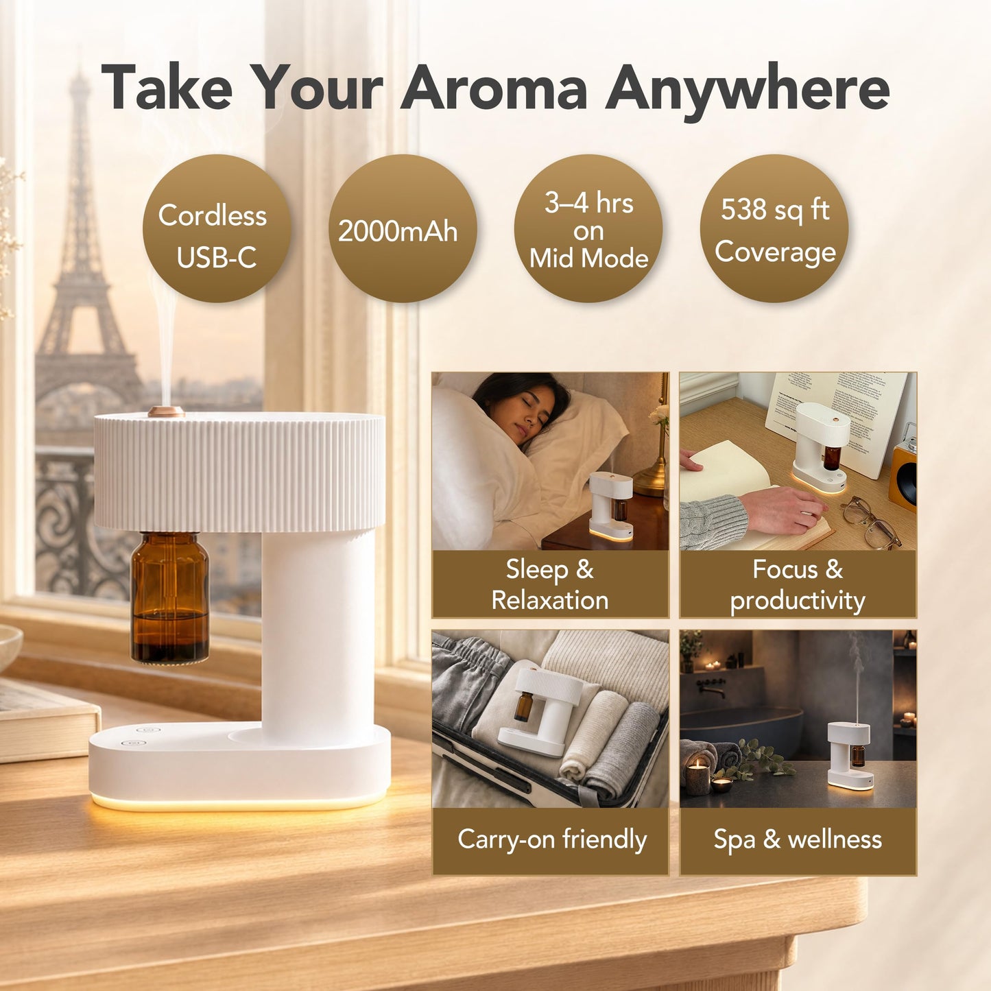 ROMONTI Waterless Essential Oil Diffuser Cordless Nebulizing Aroma Diffuser Whisper-Quiet 38dB USB-C Rechargeable Sculptural Korean Design Fits 10ml & 15ml Bottles Compact for Bedroom Office Spa