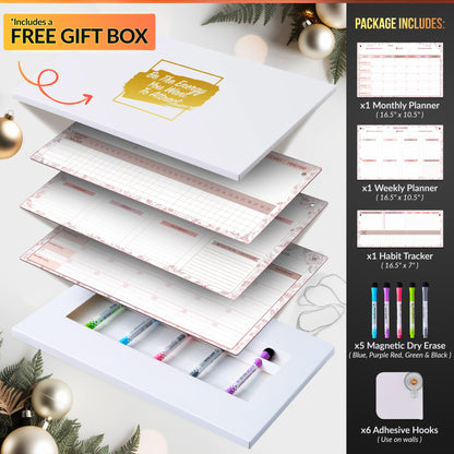 Magnetic Whiteboard for Fridge - Large Dry Erase Calendar for Wall | 3 Magnetic Dry Erase Board 10.5" x 16.5" & 7" x 16.5", Monthly Goal Setting & Habit Tracker, 5 Markers and 6 Adhesive Hooks