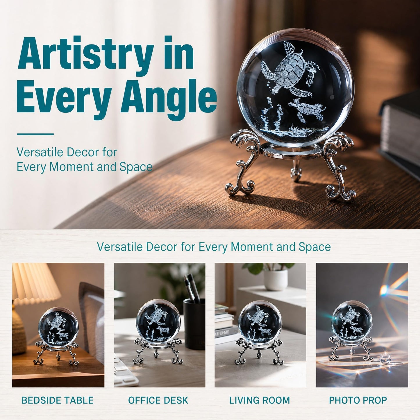 vskikris 2 Crystal Balls with Silver Stands - 3D Laser Engraved Sea Turtle & Clear Crystal Sphere Set, Decorative Paperweights, Home & Party Decor, Photography Props, Gifts for Women & Nature Lovers