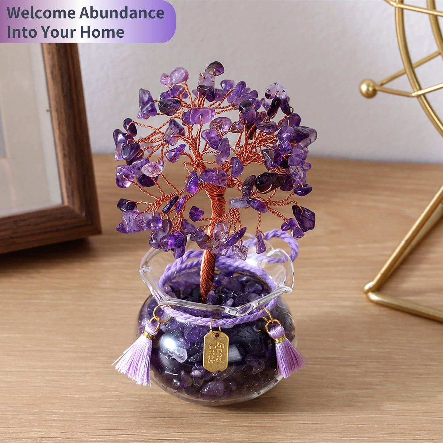 CrysDeco Premium Crystal Tree with Glass Bowl Base & Tassel Charm - 7 Chakra Healing Gemstones Tree, Desk Decor Feng Shui Spiritual Gift for Women Mom Wife Birthday Christmas, 4.3 inch (Amethyst)