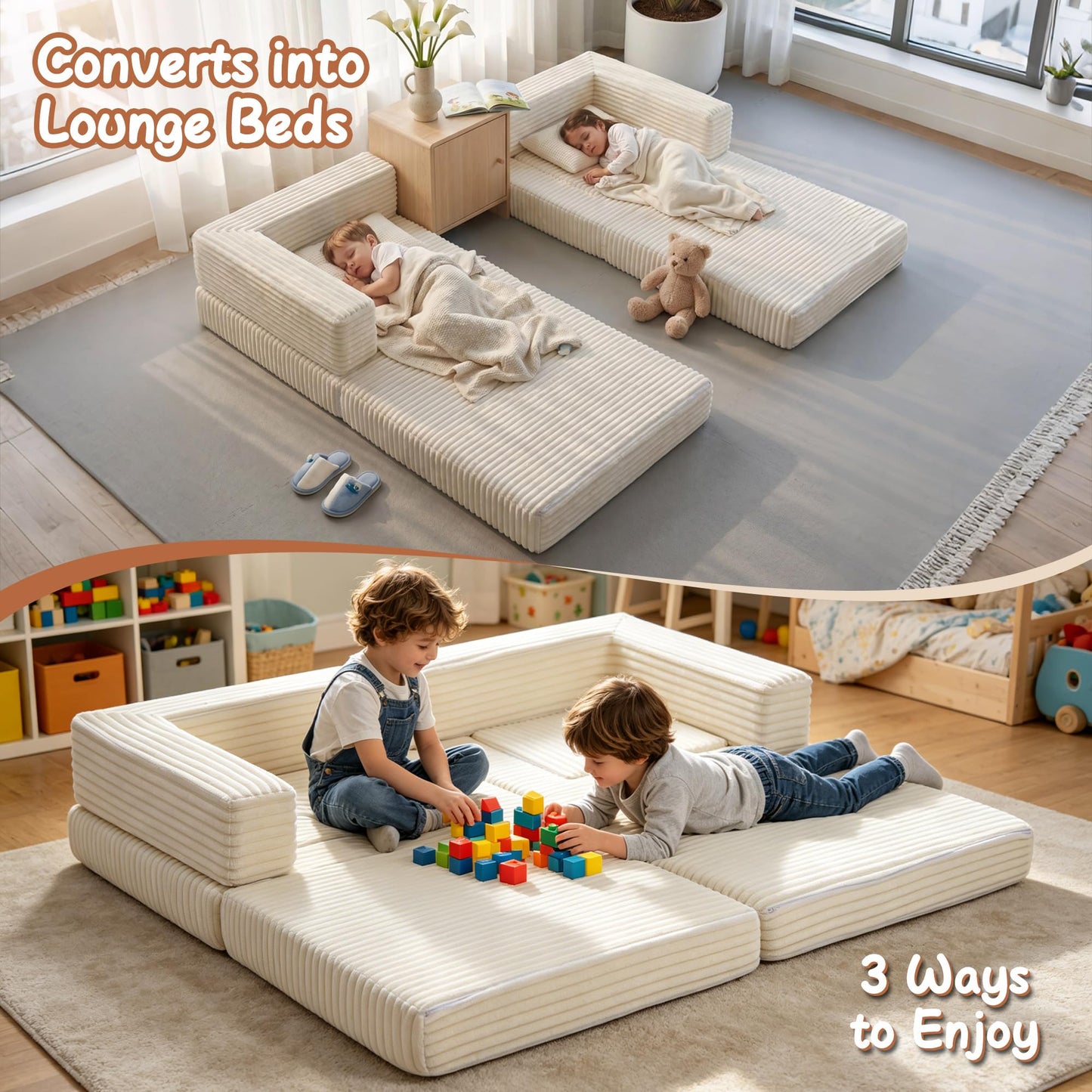 Umoving Modular Floor Sofa Couch Set of 2, Convertible Folding Lounge Sofa Bed with Adjustable Backrest, Family Seating for Kids, Teens & Adults, Gaming, Reading & Relaxing, White
