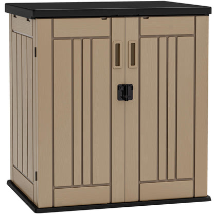YITAHOME Outdoor Storage Cabinet with 2 Shelves, Waterproof Resin Horizontal Tool Shed, Lockable 15 cu. ft. Storage Shed for Patio, Garden, Yard, Brown