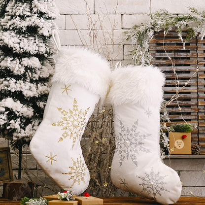 Dehinyen White Christmas Stockings 2 Pack, Family Stockings Christmas 18” Large Christmas Stockings with Plush Faux Fur Cuff (Silver/Gold Snowflake Embroidery) Giant Xmas Stockings Hanging Stockings