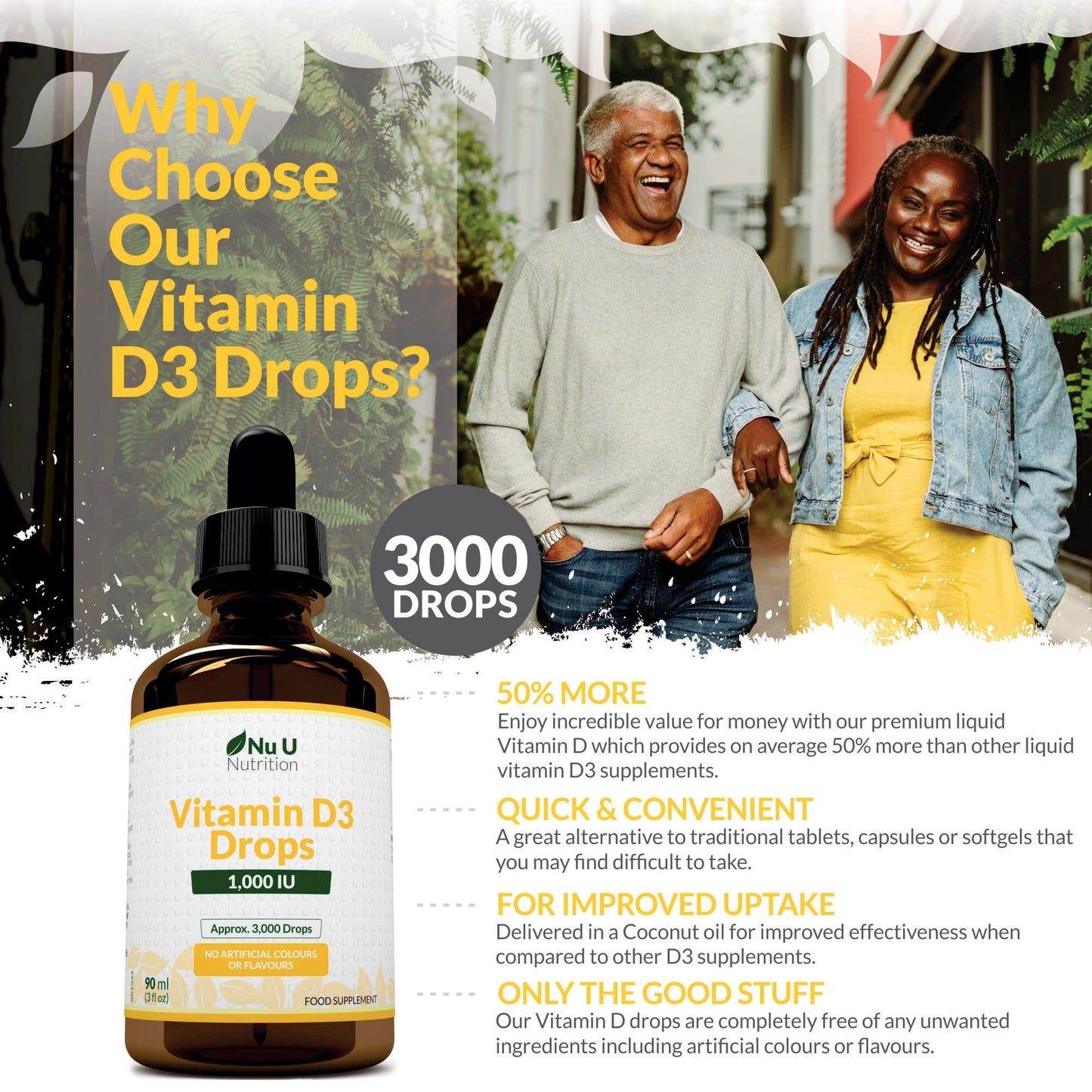 Vitamin D Drops 90ml (3000 Drops) - 1000IU per Drop - 50% More - Flexible Dose of Liquid Vitamin D3 Supplement for Adults - Unflavoured & Vegetarian - Made in The UK - Nu U Nutrition