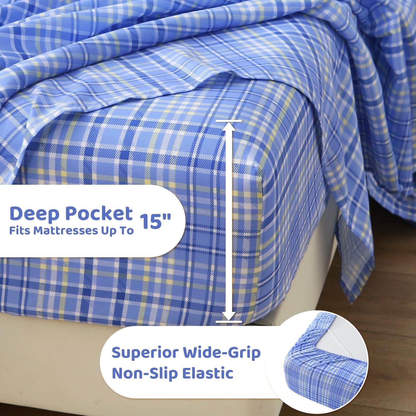 Mooreeke Cozy Plaid Microfiber Printed Full Sheet Set - Soft & Breathable Purple Yellow Plaid Bed Sheets with Extra Deep Pocket - Non-Slip Fitted Design - Purple Yellow Square Plaid Pattern - Full