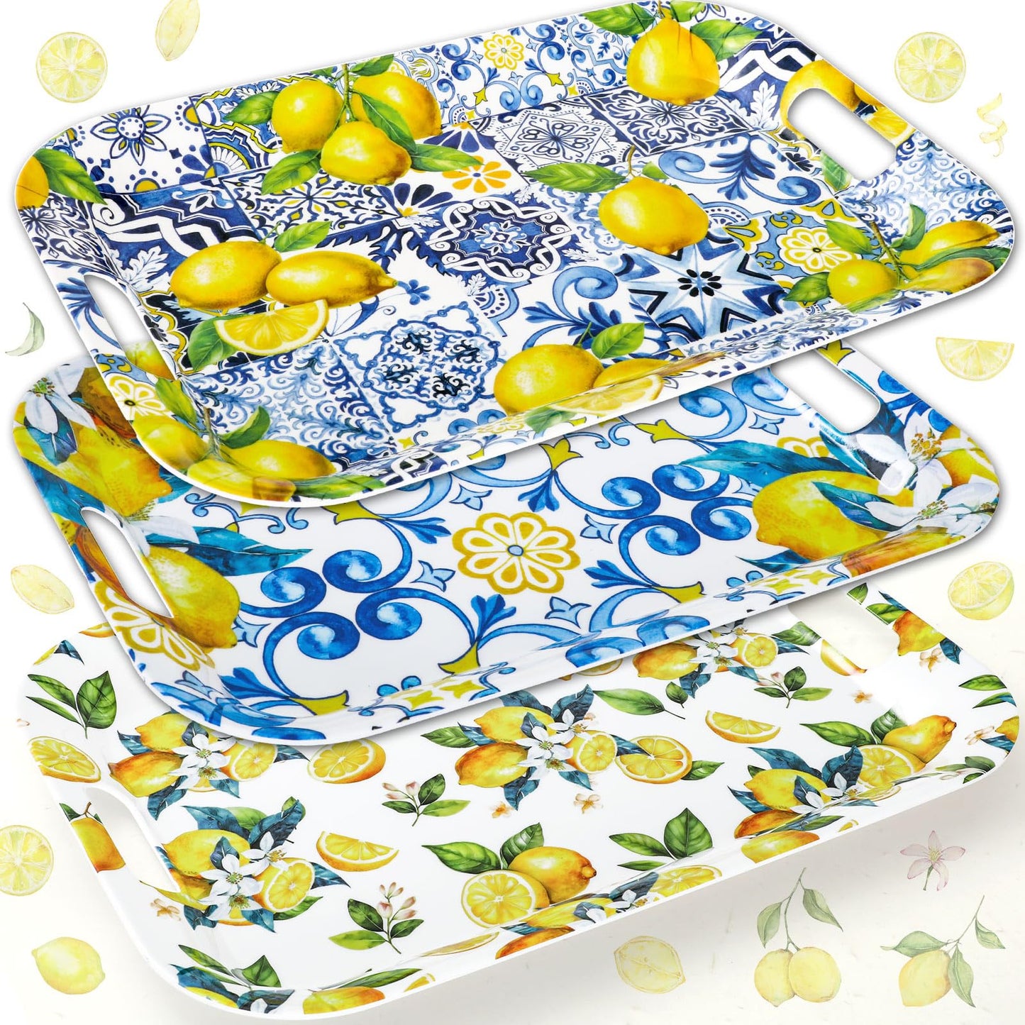 JarThenaAMCS 3Pcs Capri Lemon Serving Trays Summer Blue Tile Yellow Lemon Platter with Handles Reusable Serving Dishes for Birthday Party Sharing Snacks Fruit Dessert